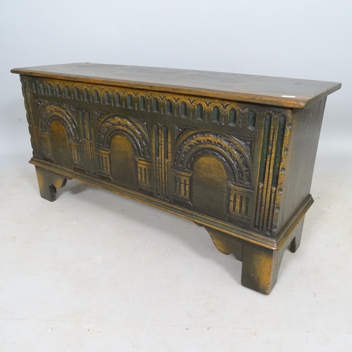 2605 - A mahogany blanket box, with carved decoration and bracket feet, 99cm x 49cm x 31cm