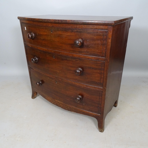 2608 - A Victorian mahogany and crossbanded bow-front chest of 3 drawers, 96cm x 86cm x 48cm