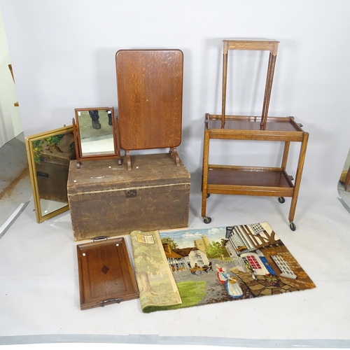 2613 - An early 20th century oak 2-tier folding drinks trolley, 68cm x 77cm x 45cm, a Vintage trunk, wall m... 