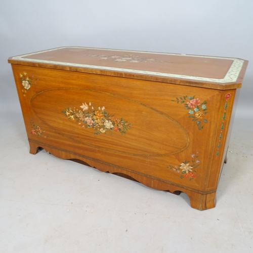 2622 - An early 20th century teak coffer, with painted floral decoration, 120cm x 59cm x 54cm