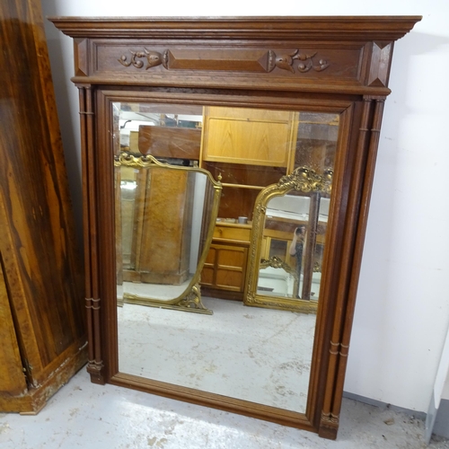 2634 - An Antique oak-framed bevel-edge over mantel mirror, 130cm x 162cm