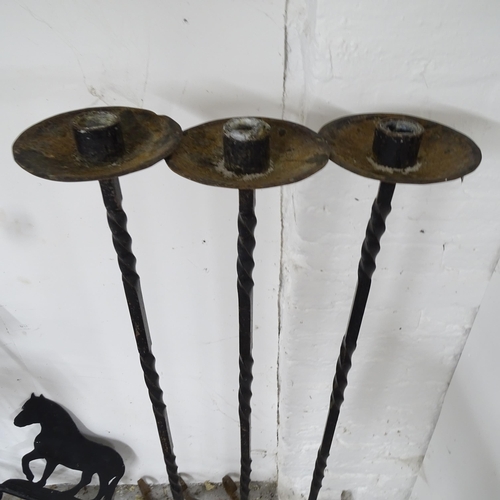 2686 - 3 wrought-iron floor standing candle stands, H124cm