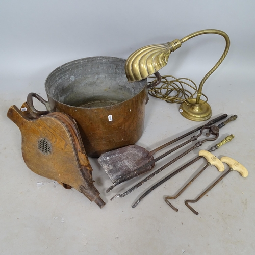 2693 - A mixed Lot containing a copper jam pan, bellows, companion set etc