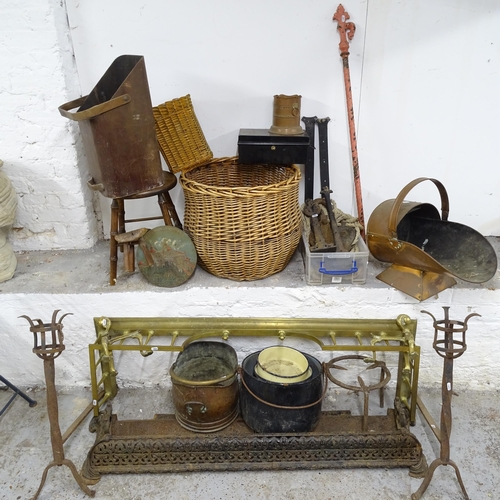 2694 - A mixed Lot including coal scuttles, fire fenders, wicker basket etc