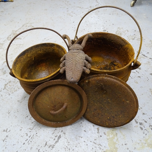 2710 - 2 cast-iron cauldrons/Dutch ovens, largest 25cm x 25cm, and a cast-iron beetle garden ornament