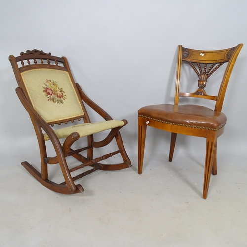 2659 - A single mahogany dining chair with leather seat, 50cm x 90cm x 45cm, and a mahogany folding rocking... 