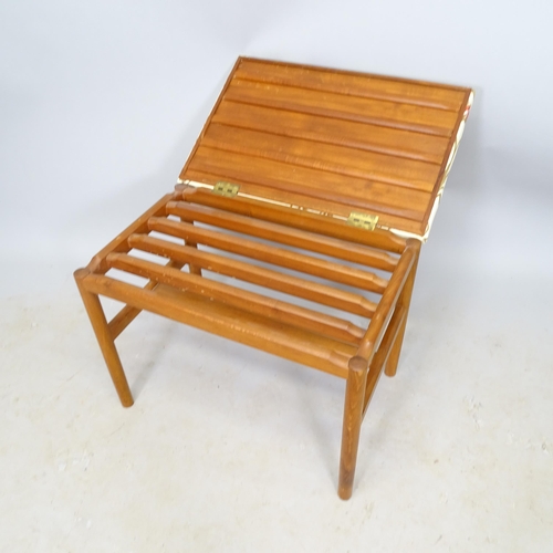 2654 - A mid-century teak and upholstered metamorphic suitcase stand/stool, 60cm x 50cm x 40cm