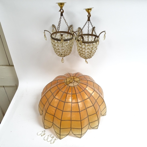 317 - A pair of baguette chandeliers with glass lustres, and a Capiz shell ceiling lampshade