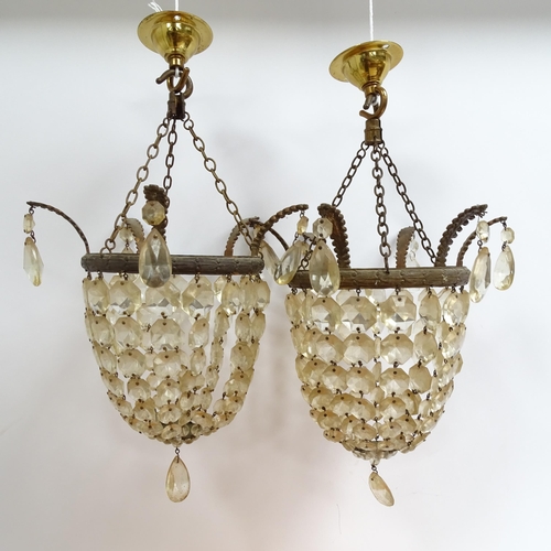 317 - A pair of baguette chandeliers with glass lustres, and a Capiz shell ceiling lampshade