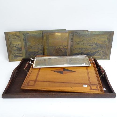 530 - 2 tea trays, a silver plated tray, length 49cm, and 4 brass plate engravings, view of Edinburgh