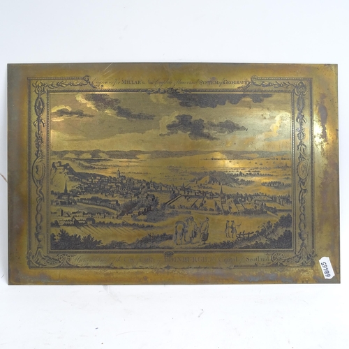 530 - 2 tea trays, a silver plated tray, length 49cm, and 4 brass plate engravings, view of Edinburgh