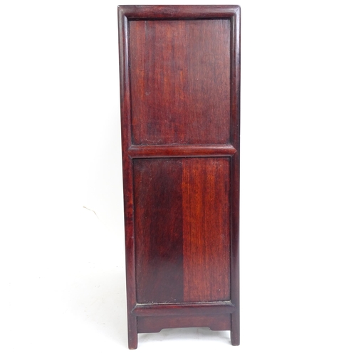 17 - A Chinese Hongmu table-top cabinet, with hand painted alabaster panel doors, W28cm, H44cm, D15cm