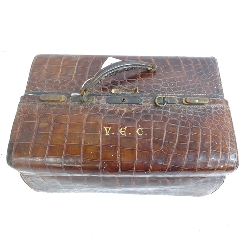 64 - HARRODS - an Antique crocodile skin Gladstone bag, W40cm, H20cm, D26cm