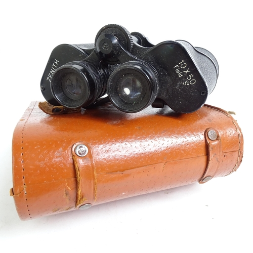 214 - A pair of Tecnar by Swift 8x30 binoculars, serial no. 15445, cased, and a pair of Zenith 10x50 binoc... 