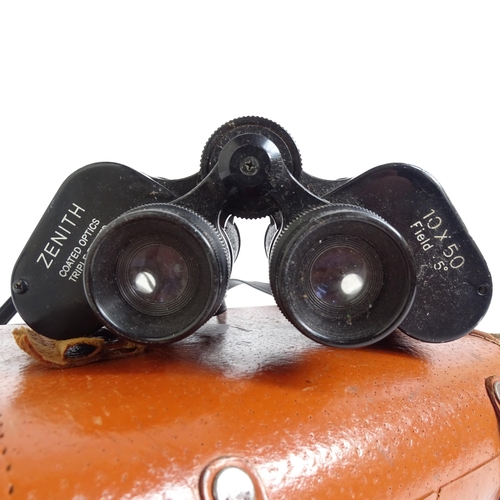 214 - A pair of Tecnar by Swift 8x30 binoculars, serial no. 15445, cased, and a pair of Zenith 10x50 binoc... 