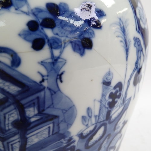 216 - A large Chinese blue and white ginger jar and cover, with genre panels on prunus decorated ground, h... 