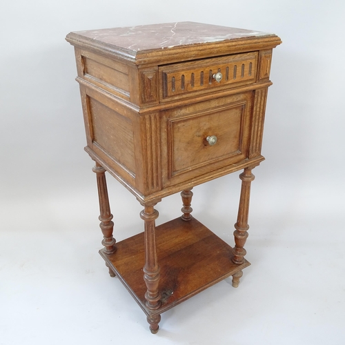 2432 - A French oak marble-top pot cupboard, 41cm x 85cm x 38cm