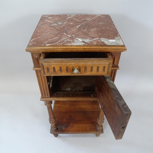 2432 - A French oak marble-top pot cupboard, 41cm x 85cm x 38cm