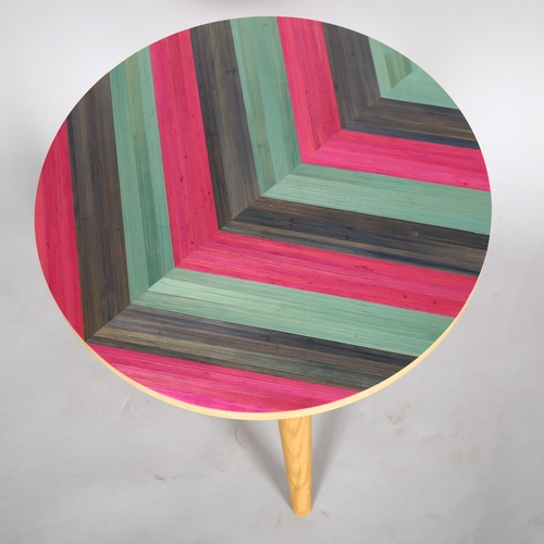 1533 - IAIN GLYNN, a straw work marquetry top side table, signed under top, H 35cm x dia 40cm