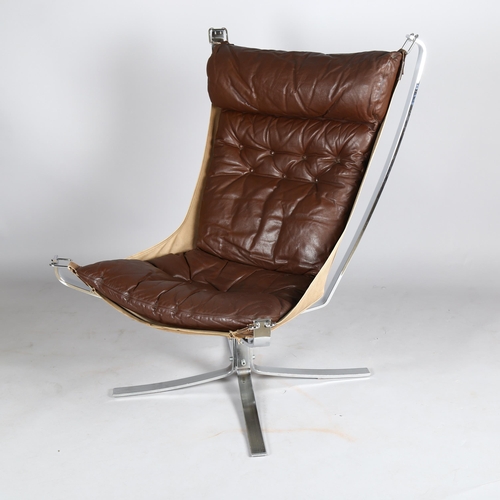 1570 - A SIGURD RESSELL Falcon chair, in chromed metal with leather seat pad and cloth sling, height 101cm ... 