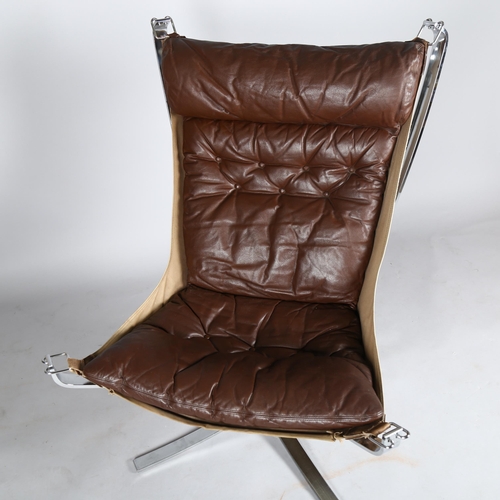 1570 - A SIGURD RESSELL Falcon chair, in chromed metal with leather seat pad and cloth sling, height 101cm ... 