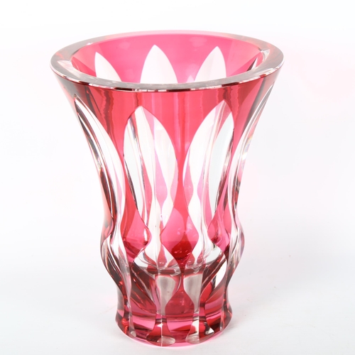 1608 - Val St Lambert, a 1950s' Reseda, Cut to Clear, red crystal glass vase, signed to base, height 21cm