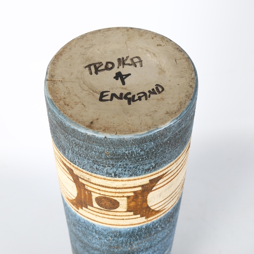 1631 - A large 1970s' Troika cylinder vase, decorated by AVRIL BENNET, height 36cm