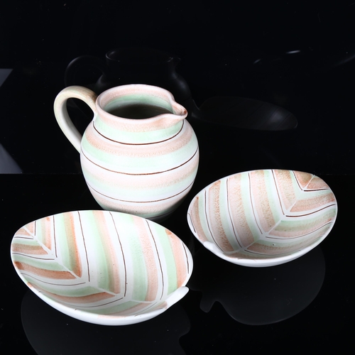 1636 - Denby pottery, two striped leaf dishes and a matching jug, 1950s, jug height 14cm