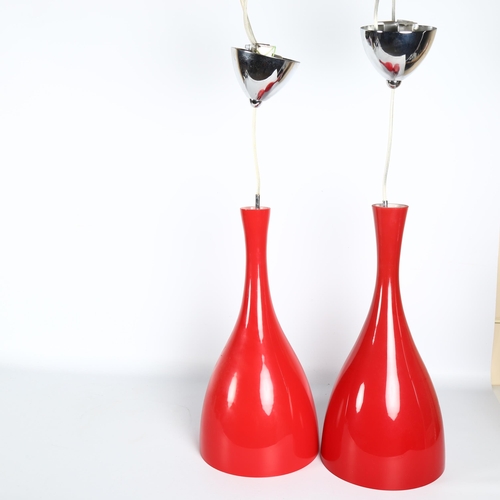 1656 - A pair of red glass pendant lights, manner of  Holmegaard, shade height 40cm