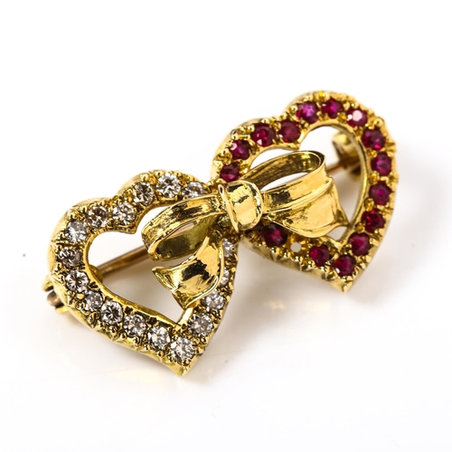 192 - A late 20th century 18ct gold ruby and diamond double-heart brooch, set with round-cut rubies and mo... 