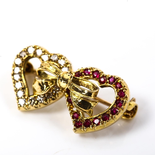 192 - A late 20th century 18ct gold ruby and diamond double-heart brooch, set with round-cut rubies and mo... 