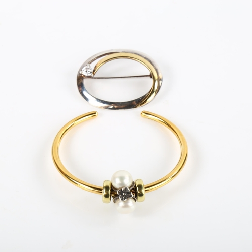 404 - 2 pieces of Danish silver jewellery, comprising 18ct gold on vermeil sterling silver pearl bangle, a... 