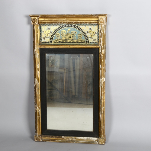 1002 - A Georgian gilt-framed wall mirror, with inset verre eglomise frieze panel depicting a country cotta... 