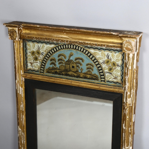 1002 - A Georgian gilt-framed wall mirror, with inset verre eglomise frieze panel depicting a country cotta... 