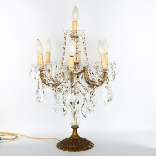 1004 - An ornate Venetian glass and brass 6-branch candelabra, with cut-glass and crystal drops and chains,... 