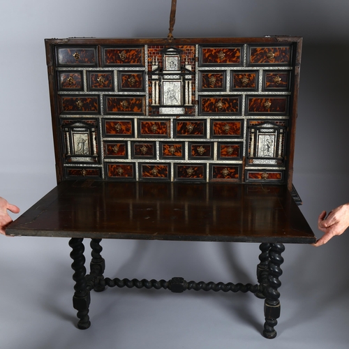 1005 - A rare 19th century Spanish travelling cabinet on stand, 18th/19th century, tortoiseshell engraved i... 