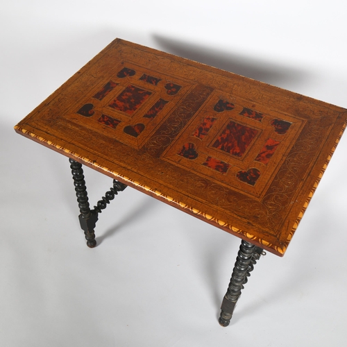 1006 - A Spanish stretcher table, walnut tortoiseshell and boxwood inlay, on ebonised bobbin turned support... 