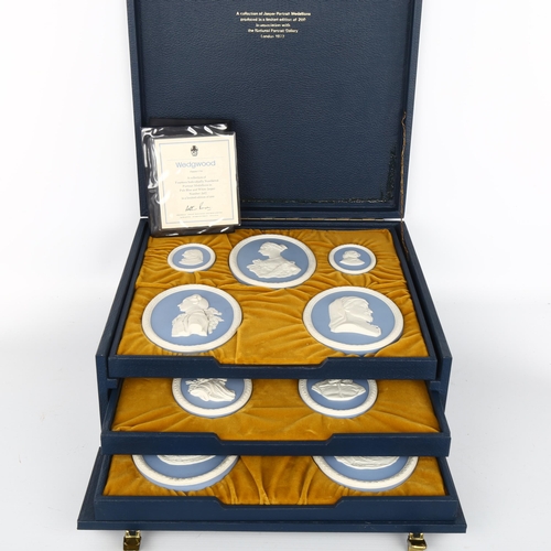 1009 - A set of 14 Wedgwood blue and white Jasper portrait medallions, largest 15cm, no. 167 from a limited... 