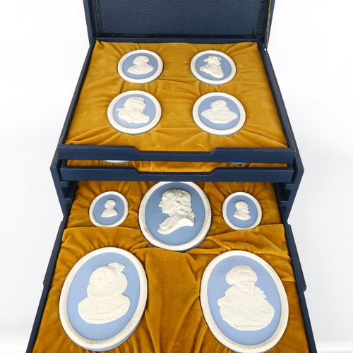 1009 - A set of 14 Wedgwood blue and white Jasper portrait medallions, largest 15cm, no. 167 from a limited... 