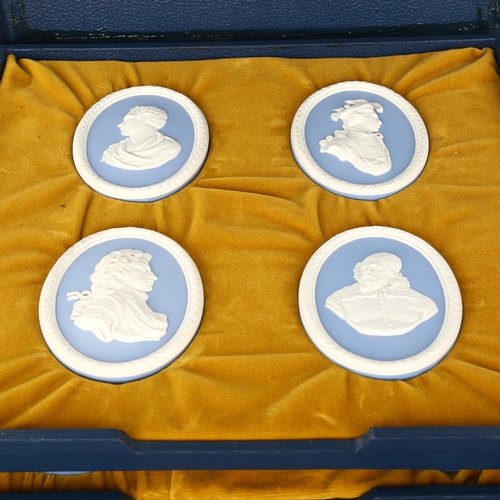 1009 - A set of 14 Wedgwood blue and white Jasper portrait medallions, largest 15cm, no. 167 from a limited... 