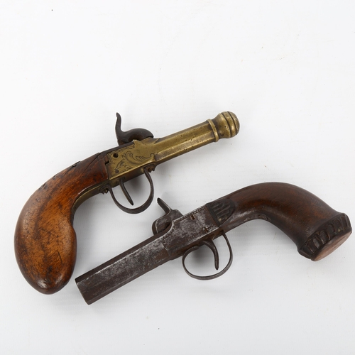 1013 - 2 x 19th century percussion pistols, 1 with brass barrel, length 17cm, both unnamed