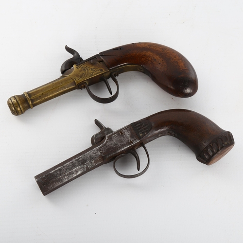 1013 - 2 x 19th century percussion pistols, 1 with brass barrel, length 17cm, both unnamed