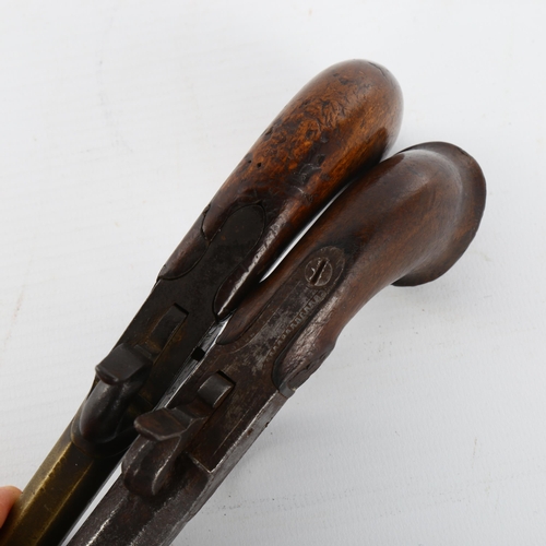 1013 - 2 x 19th century percussion pistols, 1 with brass barrel, length 17cm, both unnamed