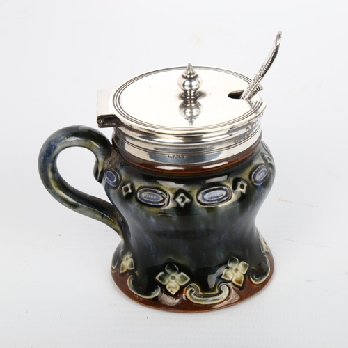 1015 - Royal Doulton glazed pottery mustard pot with plated mounts, height 6cm