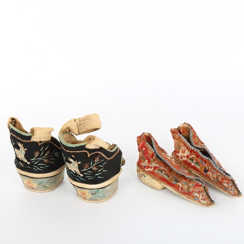 1016 - A pair of Chinese embroidered silk children's shoes, length 11cm, and another pair of embroidered si... 