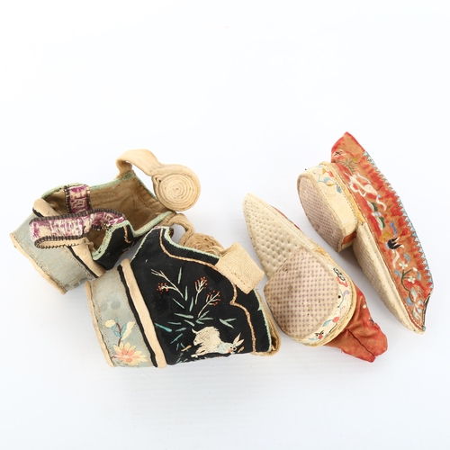 1016 - A pair of Chinese embroidered silk children's shoes, length 11cm, and another pair of embroidered si... 