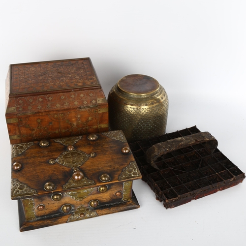 1019 - A group of Indian boxes and metalware, including an Indian hardwood and brass marquetry inlaid caske... 