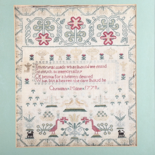 1022 - An 18th century needlework sampler, by Christian Milne 1770, 30cm x 26cm