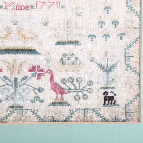 1022 - An 18th century needlework sampler, by Christian Milne 1770, 30cm x 26cm