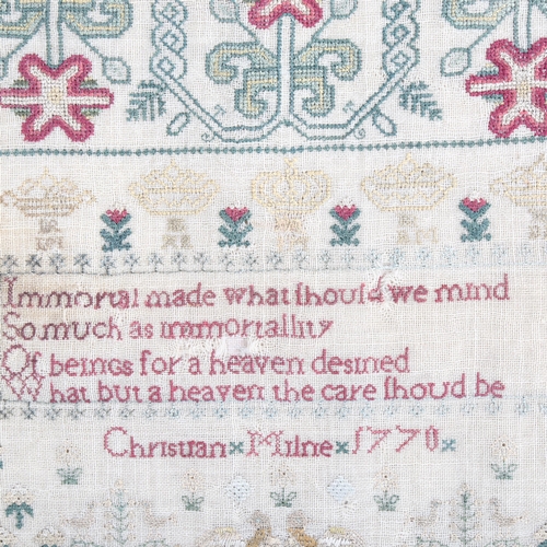 1022 - An 18th century needlework sampler, by Christian Milne 1770, 30cm x 26cm